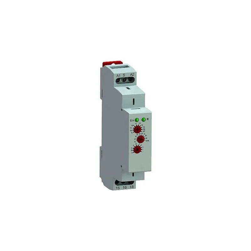 Relais temporisé Rail DIN 12–240VAC/DC — 0,1s–10j, 16A