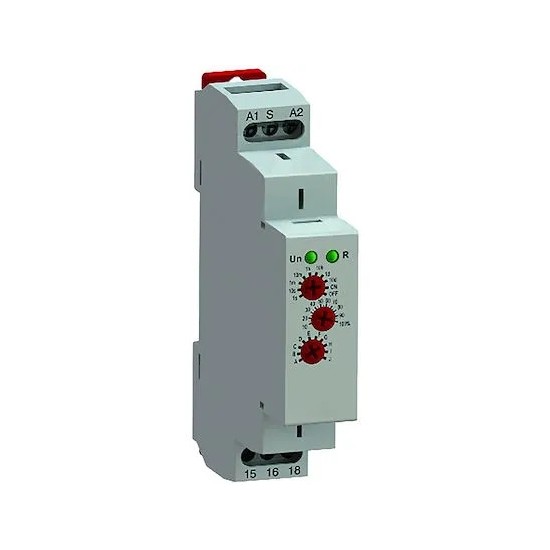 Relais temporisé Rail DIN 12–240VAC/DC — 0,1s–10j, 16A